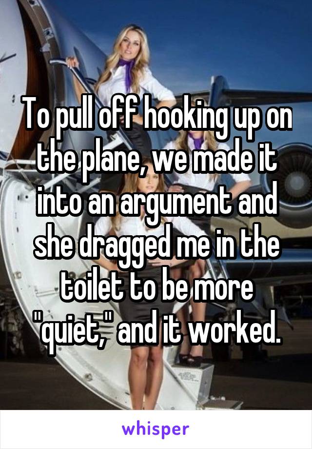 To pull off hooking up on the plane, we made it into an argument and she dragged me in the toilet to be more "quiet," and it worked.