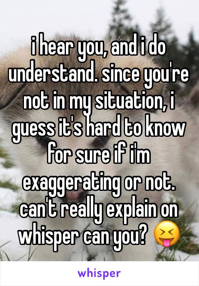 i hear you, and i do understand. since you're not in my situation, i guess it's hard to know for sure if i'm exaggerating or not. can't really explain on whisper can you? 😝