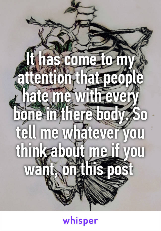 It has come to my attention that people hate me with every bone in there body. So tell me whatever you think about me if you want, on this post 