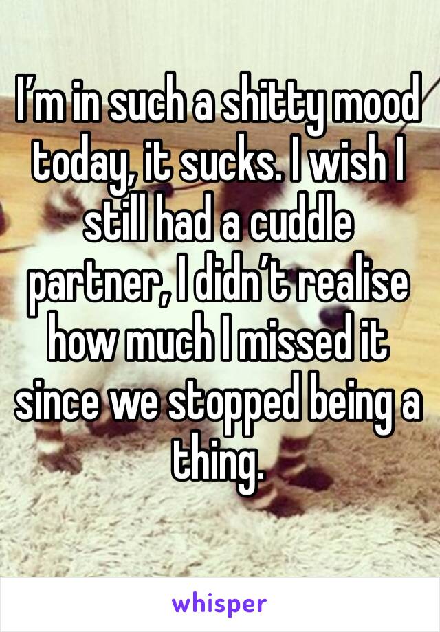 I’m in such a shitty mood today, it sucks. I wish I still had a cuddle partner, I didn’t realise how much I missed it since we stopped being a thing.
