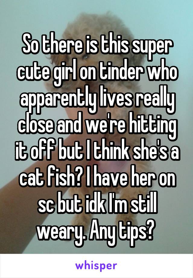 So there is this super cute girl on tinder who apparently lives really close and we're hitting it off but I think she's a cat fish? I have her on sc but idk I'm still weary. Any tips? 