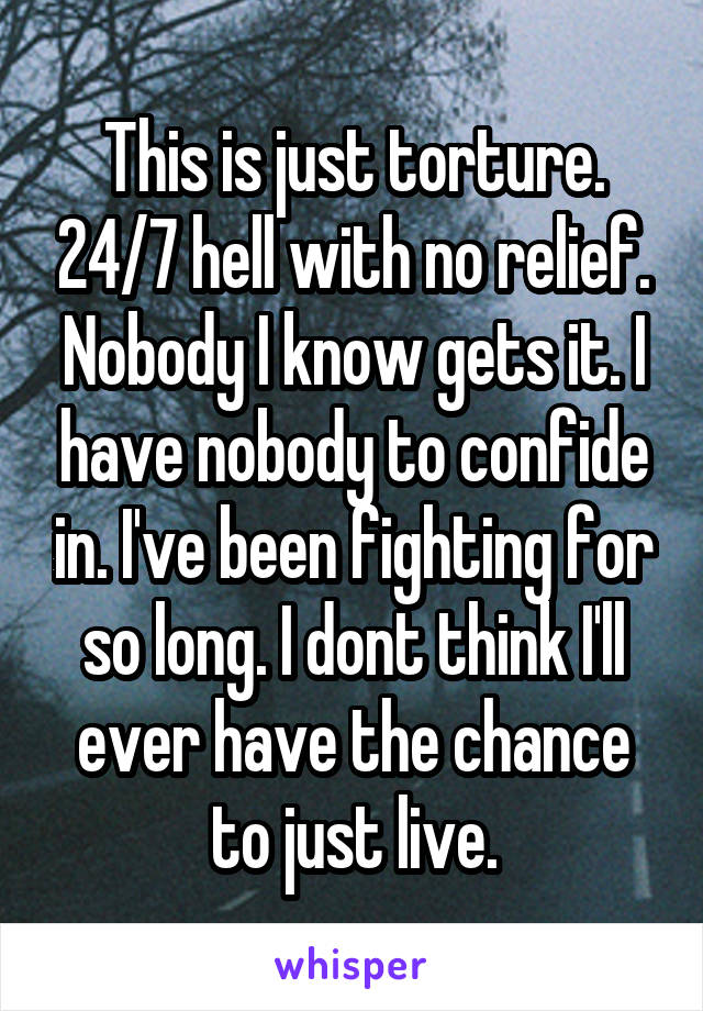 This is just torture. 24/7 hell with no relief. Nobody I know gets it. I have nobody to confide in. I've been fighting for so long. I dont think I'll ever have the chance to just live.