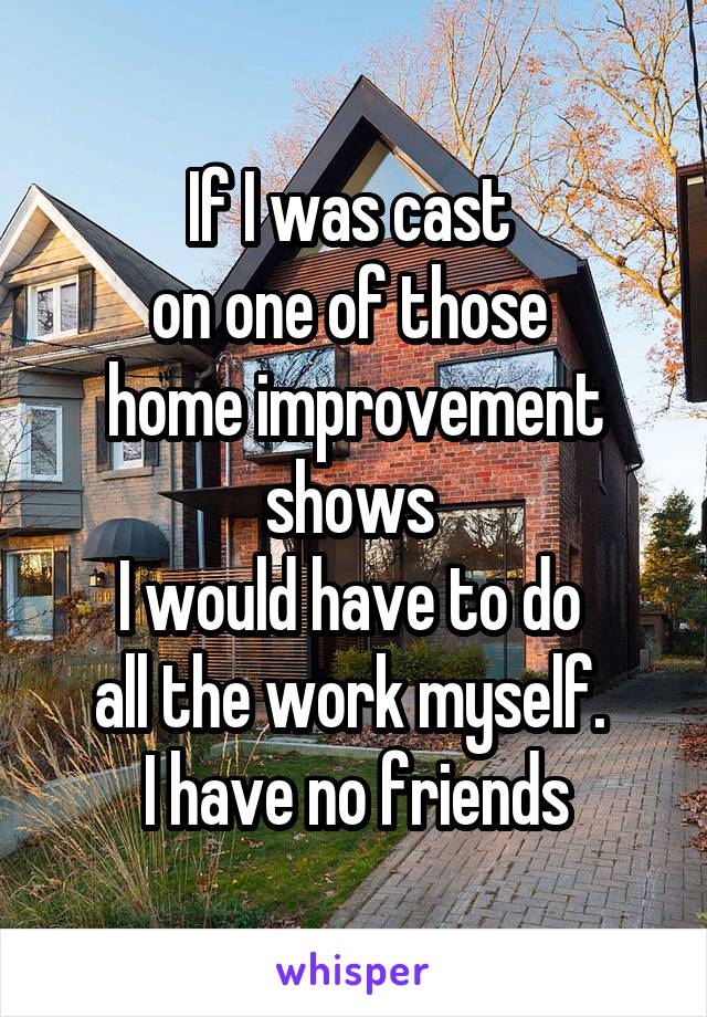 If I was cast 
on one of those 
home improvement shows 
I would have to do 
all the work myself. 
I have no friends