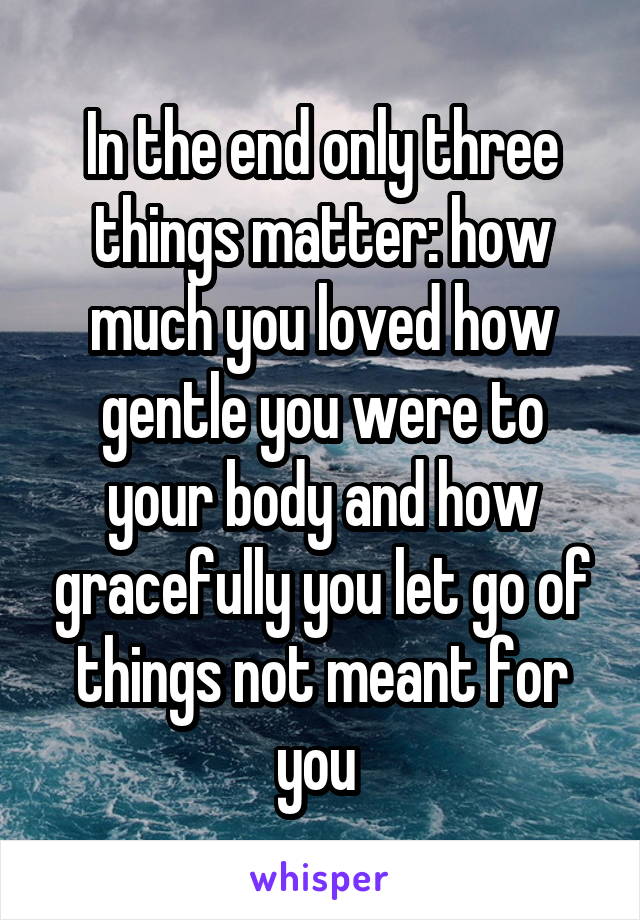 In the end only three things matter: how much you loved how gentle you were to your body and how gracefully you let go of things not meant for you 