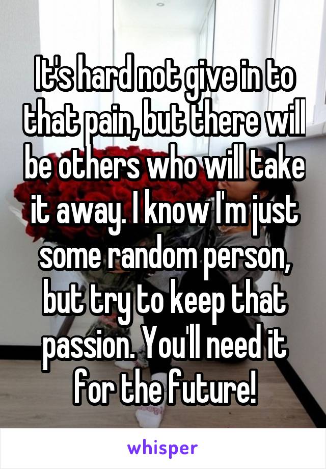 It's hard not give in to that pain, but there will be others who will take it away. I know I'm just some random person, but try to keep that passion. You'll need it for the future!