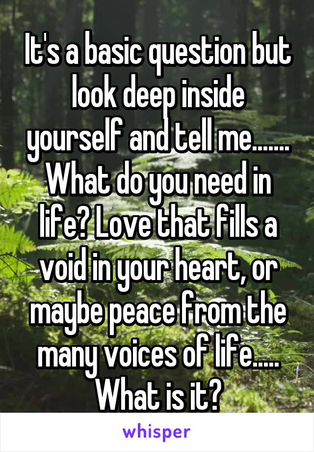 It's a basic question but look deep inside yourself and tell me....... What do you need in life? Love that fills a void in your heart, or maybe peace from the many voices of life..... What is it?