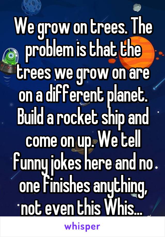 We grow on trees. The problem is that the trees we grow on are on a different planet. Build a rocket ship and come on up. We tell funny jokes here and no one finishes anything, not even this Whis... 