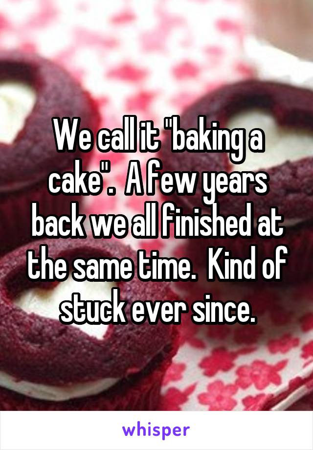 We call it "baking a cake".  A few years back we all finished at the same time.  Kind of stuck ever since.