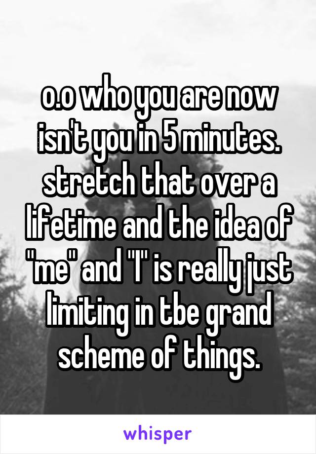 o.o who you are now isn't you in 5 minutes. stretch that over a lifetime and the idea of "me" and "I" is really just limiting in tbe grand scheme of things.