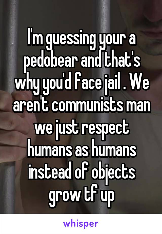 I'm guessing your a pedobear and that's why you'd face jail . We aren't communists man we just respect humans as humans instead of objects grow tf up