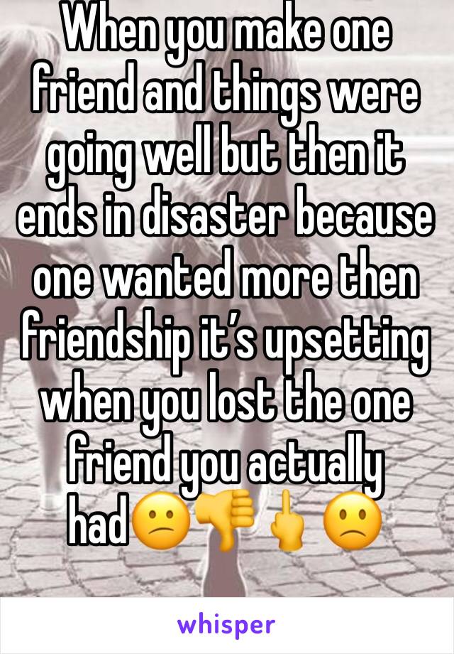 When you make one friend and things were going well but then it ends in disaster because one wanted more then friendship it’s upsetting when you lost the one friend you actually had😕👎🖕🙁