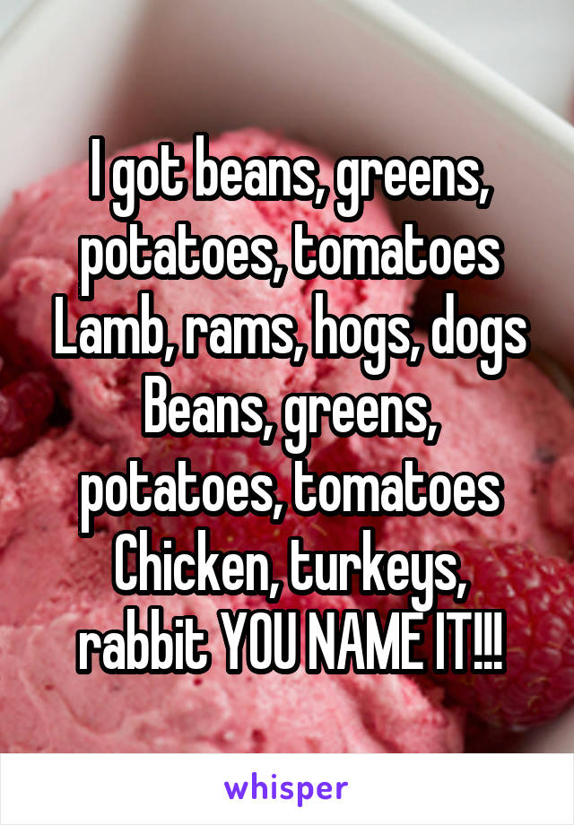 I got beans, greens, potatoes, tomatoes
Lamb, rams, hogs, dogs
Beans, greens, potatoes, tomatoes
Chicken, turkeys, rabbit YOU NAME IT!!!