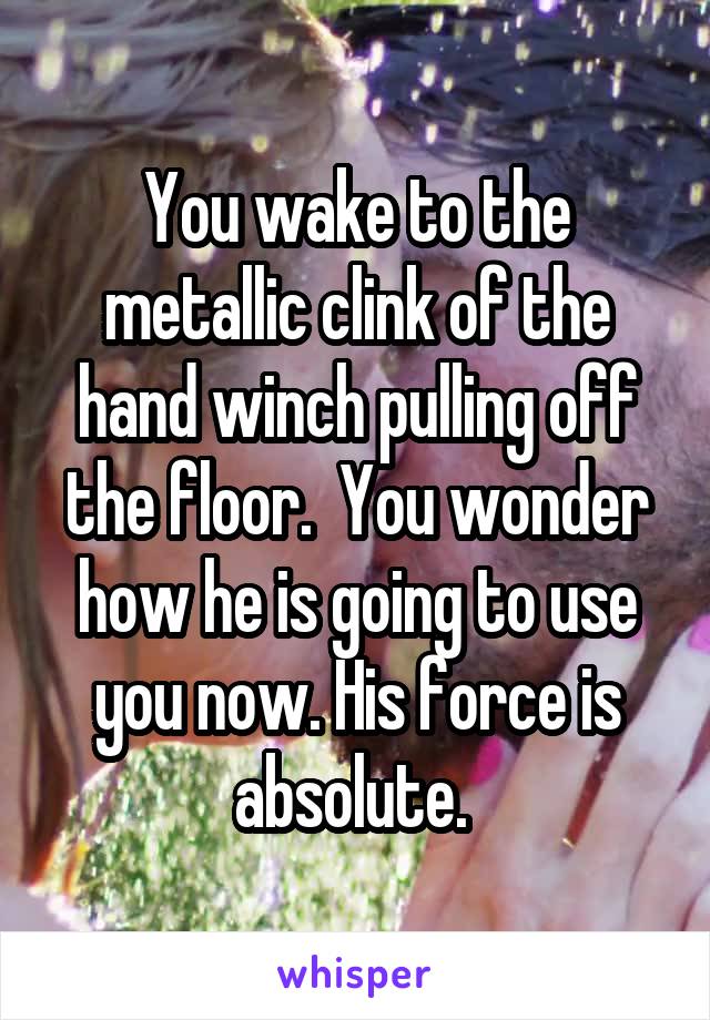 You wake to the metallic clink of the hand winch pulling off the floor.  You wonder how he is going to use you now. His force is absolute. 