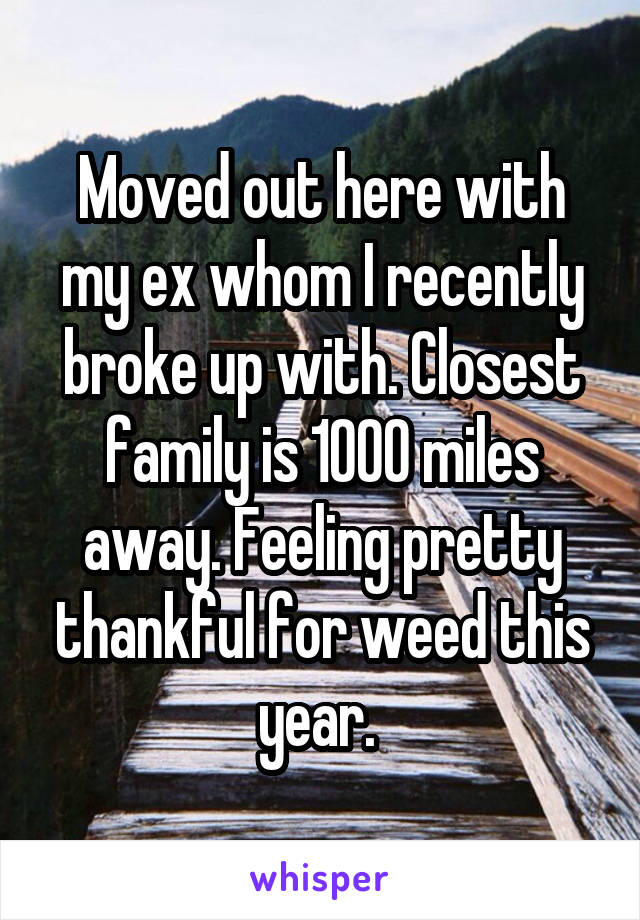 Moved out here with my ex whom I recently broke up with. Closest family is 1000 miles away. Feeling pretty thankful for weed this year. 
