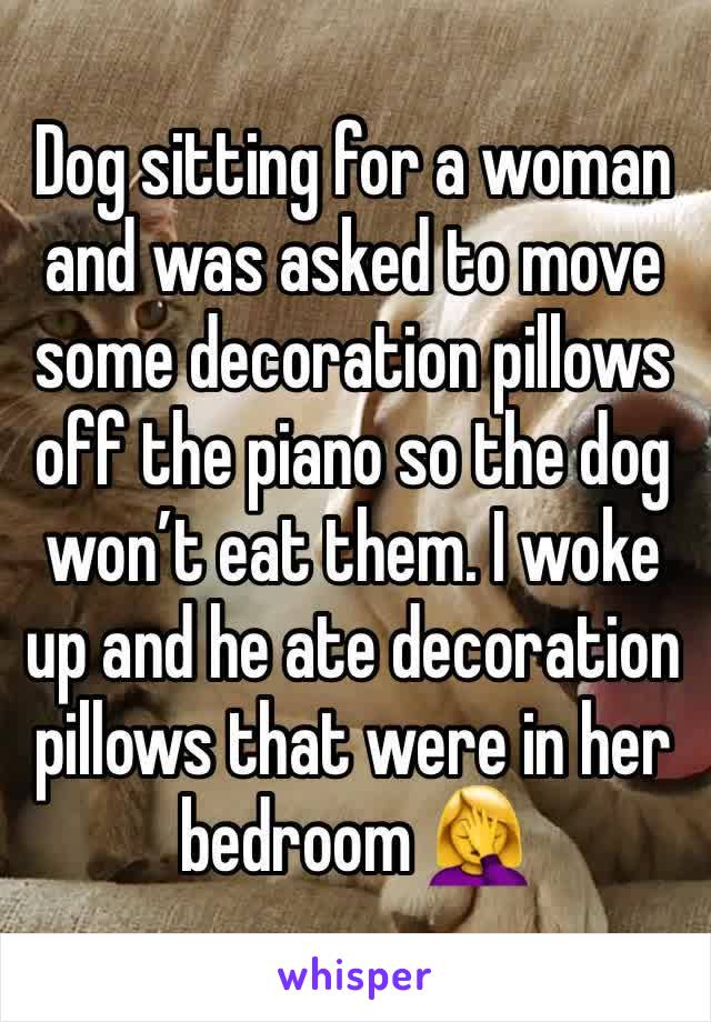 Dog sitting for a woman and was asked to move some decoration pillows off the piano so the dog won’t eat them. I woke up and he ate decoration pillows that were in her bedroom 🤦‍♀️