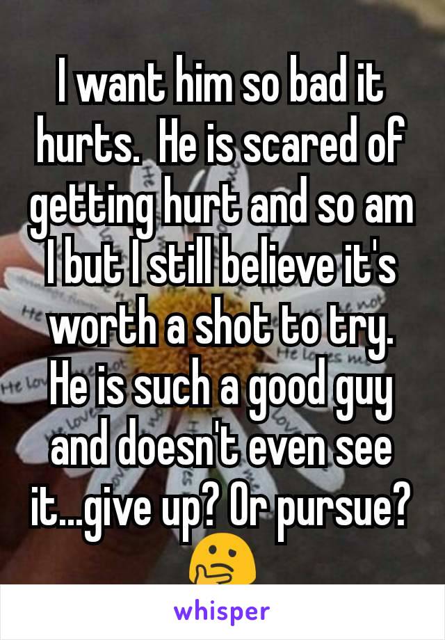 I want him so bad it hurts.  He is scared of getting hurt and so am I but I still believe it's worth a shot to try. He is such a good guy and doesn't even see it...give up? Or pursue? 🤔