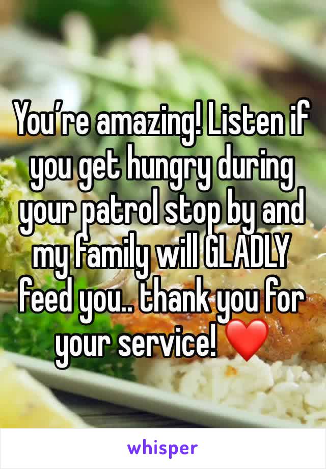 You’re amazing! Listen if you get hungry during your patrol stop by and my family will GLADLY feed you.. thank you for your service! ❤️
