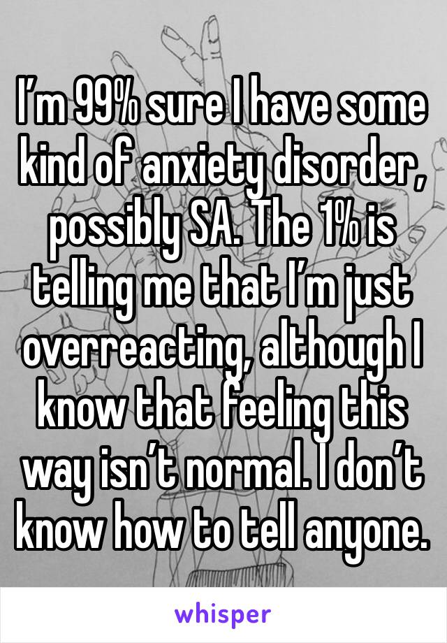 I’m 99% sure I have some kind of anxiety disorder, possibly SA. The 1% is telling me that I’m just overreacting, although I know that feeling this way isn’t normal. I don’t know how to tell anyone.