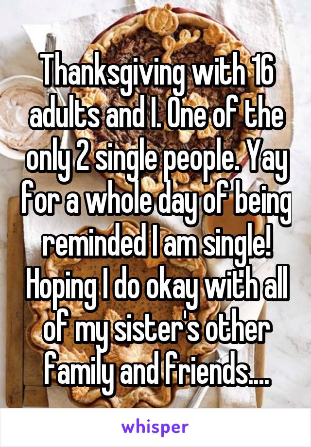 Thanksgiving with 16 adults and I. One of the only 2 single people. Yay for a whole day of being reminded I am single! Hoping I do okay with all of my sister's other family and friends....