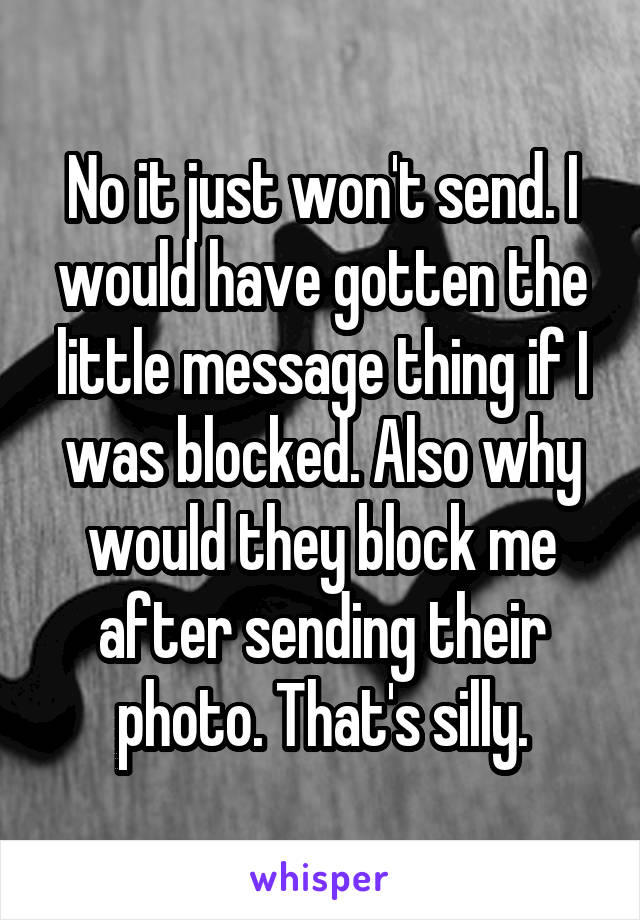 No it just won't send. I would have gotten the little message thing if I was blocked. Also why would they block me after sending their photo. That's silly.
