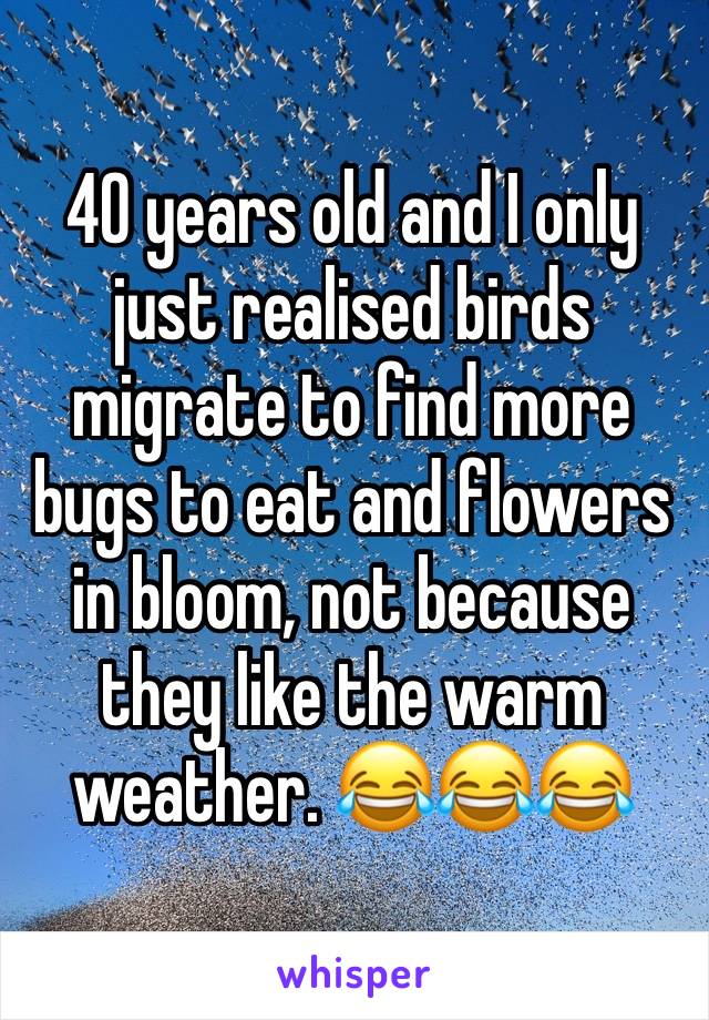 40 years old and I only just realised birds migrate to find more bugs to eat and flowers in bloom, not because they like the warm weather. 😂😂😂