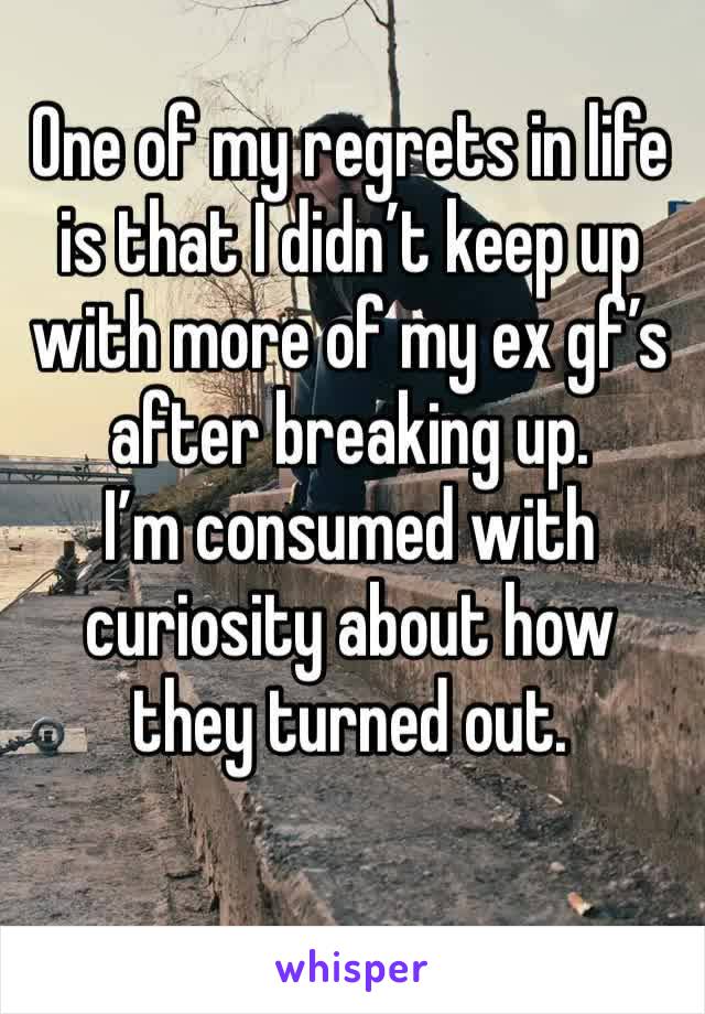 One of my regrets in life is that I didn’t keep up with more of my ex gf’s after breaking up.  
I’m consumed with curiosity about how they turned out.
