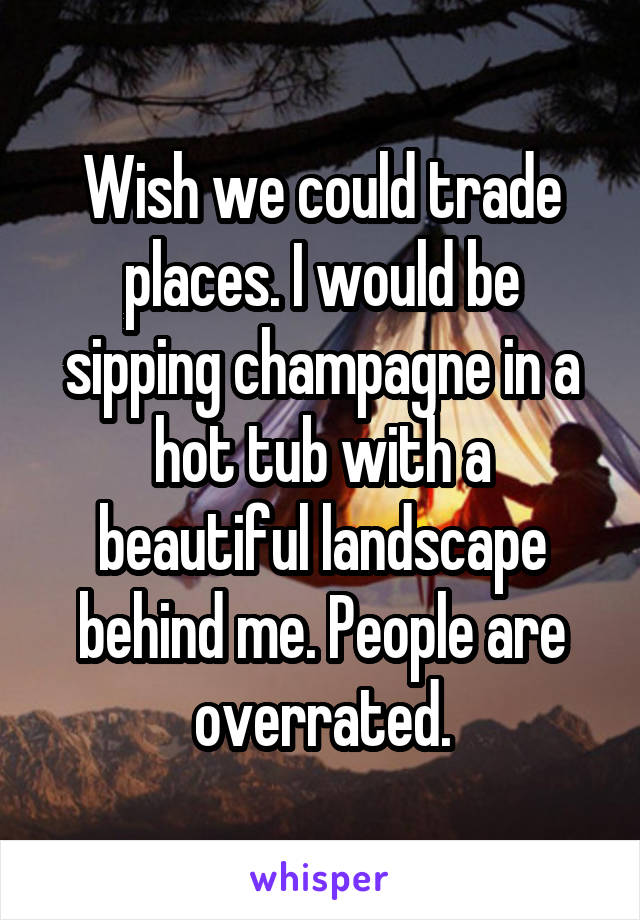 Wish we could trade places. I would be sipping champagne in a hot tub with a beautiful landscape behind me. People are overrated.