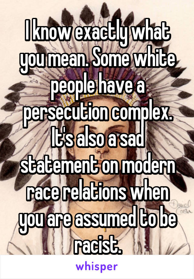 I know exactly what you mean. Some white people have a persecution complex. It's also a sad statement on modern race relations when you are assumed to be racist.