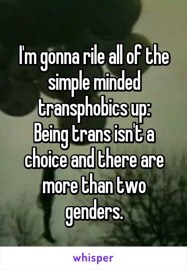 I'm gonna rile all of the simple minded transphobics up:
Being trans isn't a choice and there are more than two genders.