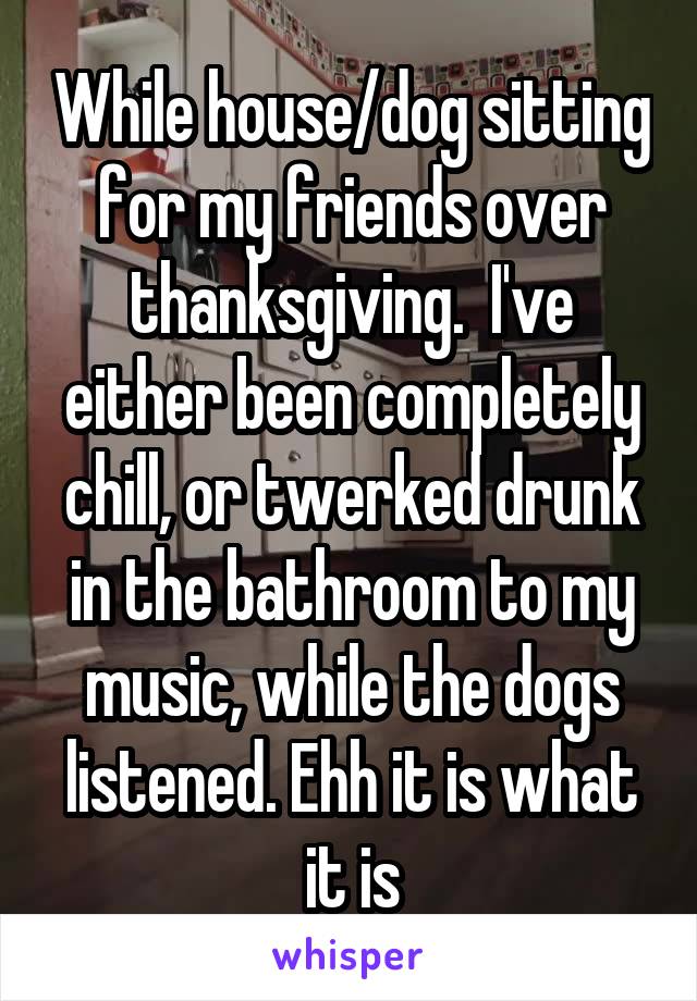 While house/dog sitting for my friends over thanksgiving.  I've either been completely chill, or twerked drunk in the bathroom to my music, while the dogs listened. Ehh it is what it is