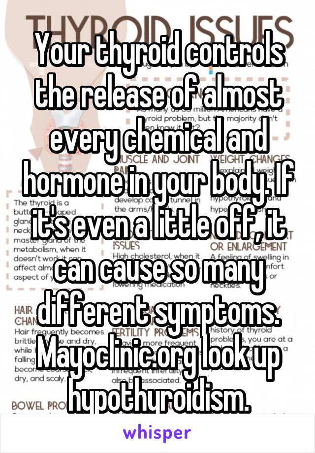 Your thyroid controls the release of almost every chemical and hormone in your body. If it's even a little off, it can cause so many different symptoms. Mayoclinic.org look up hypothyroidism.