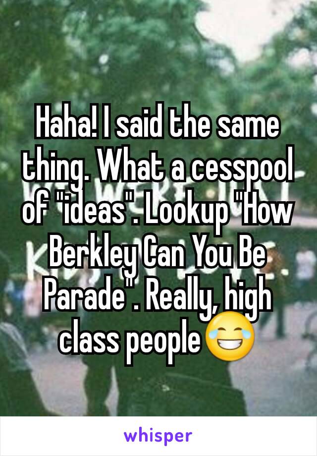 Haha! I said the same thing. What a cesspool of "ideas". Lookup "How Berkley Can You Be Parade". Really, high class people😂