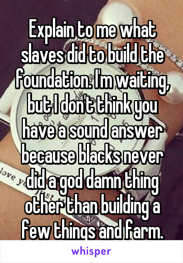 Explain to me what slaves did to build the foundation. I'm waiting, but I don't think you have a sound answer because blacks never did a god damn thing other than building a few things and farm.