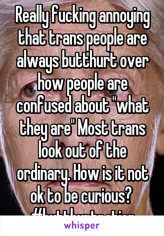 Really fucking annoying that trans people are always butthurt over how people are confused about "what they are" Most trans look out of the ordinary. How is it not ok to be curious?  #butthurtnation