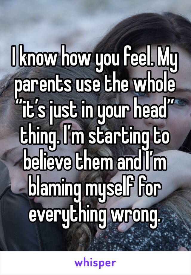 I know how you feel. My parents use the whole “it’s just in your head” thing. I’m starting to believe them and I’m blaming myself for everything wrong. 
