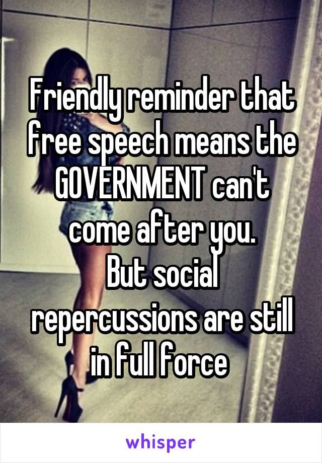 Friendly reminder that free speech means the GOVERNMENT can't come after you.
But social repercussions are still in full force 