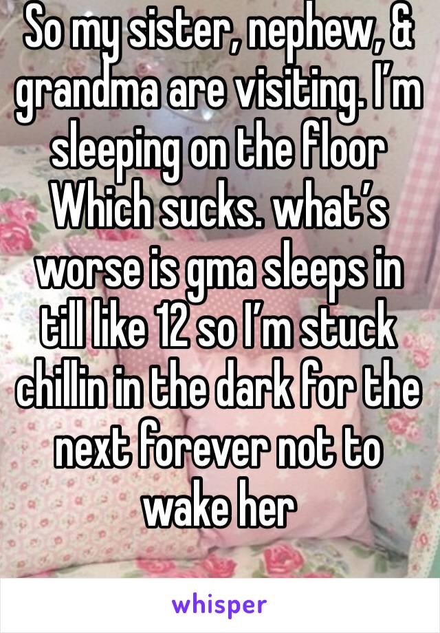 So my sister, nephew, & grandma are visiting. I’m sleeping on the floor Which sucks. what’s worse is gma sleeps in till like 12 so I’m stuck chillin in the dark for the next forever not to wake her 