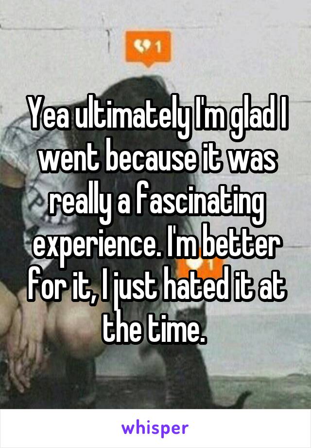 Yea ultimately I'm glad I went because it was really a fascinating experience. I'm better for it, I just hated it at the time. 