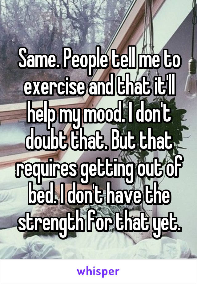 Same. People tell me to exercise and that it'll help my mood. I don't doubt that. But that requires getting out of bed. I don't have the strength for that yet.