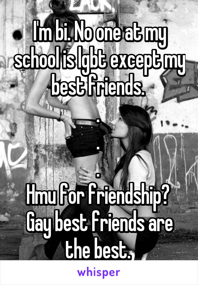 I'm bi. No one at my school is lgbt except my best friends. 
. 
. 
. 
Hmu for friendship? 
Gay best friends are the best. 