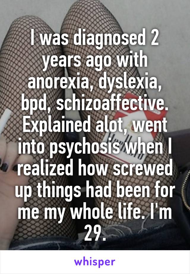 I was diagnosed 2 years ago with anorexia, dyslexia, bpd, schizoaffective. Explained alot, went into psychosis when I realized how screwed up things had been for me my whole life. I'm 29.