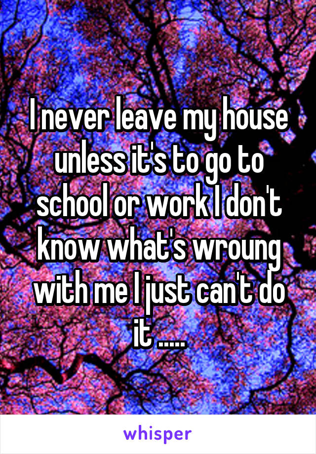 I never leave my house unless it's to go to school or work I don't know what's wroung with me I just can't do it .....