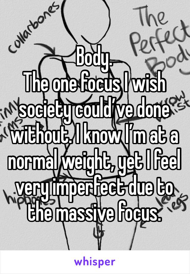 Body.
The one focus I wish society could’ve done without. I know I’m at a normal weight, yet I feel very imperfect due to the massive focus.