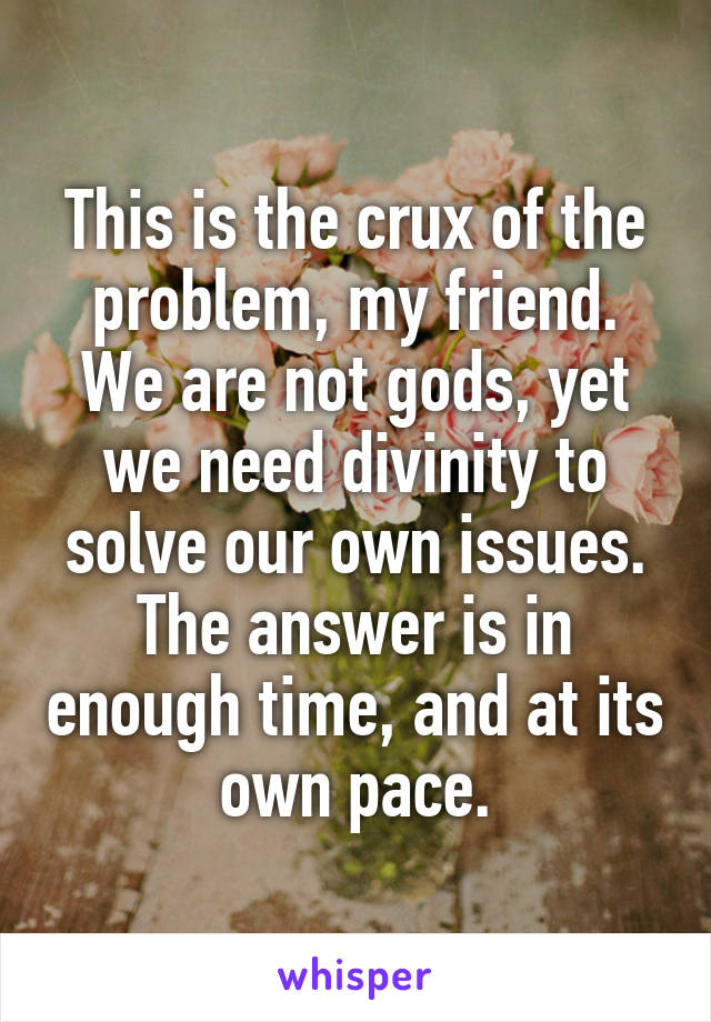 This is the crux of the problem, my friend. We are not gods, yet we need divinity to solve our own issues. The answer is in enough time, and at its own pace.
