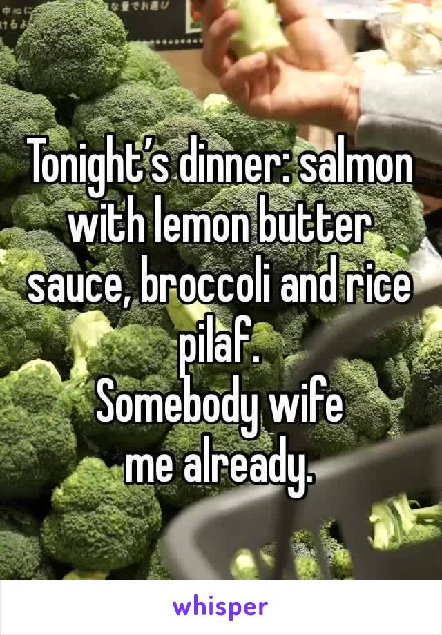 Tonight’s dinner: salmon with lemon butter sauce, broccoli and rice pilaf. 
Somebody wife me already. 