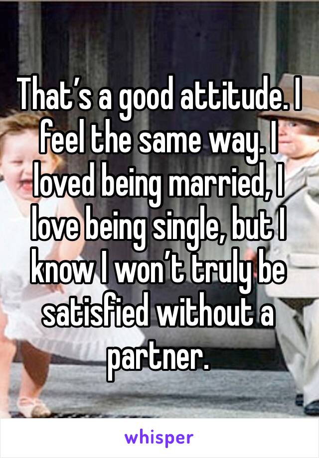That’s a good attitude. I feel the same way. I loved being married, I love being single, but I know I won’t truly be satisfied without a partner. 