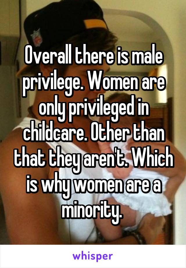Overall there is male privilege. Women are only privileged in childcare. Other than that they aren't. Which is why women are a minority. 
