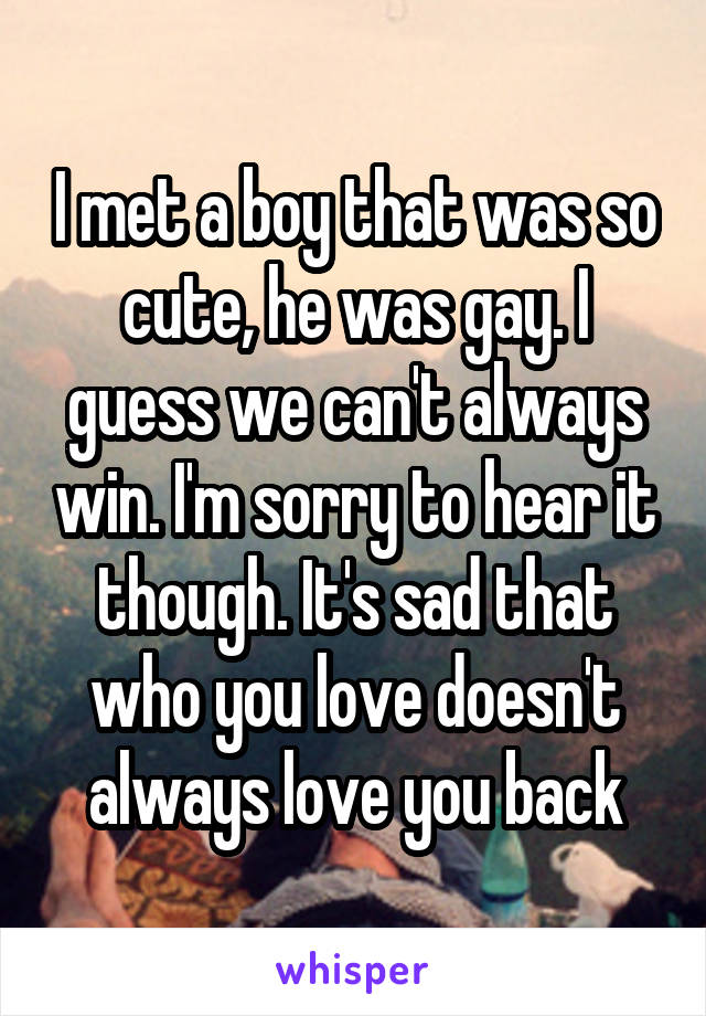 I met a boy that was so cute, he was gay. I guess we can't always win. I'm sorry to hear it though. It's sad that who you love doesn't always love you back
