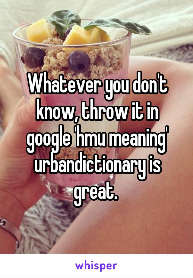 Whatever you don't know, throw it in google 'hmu meaning' urbandictionary is great. 