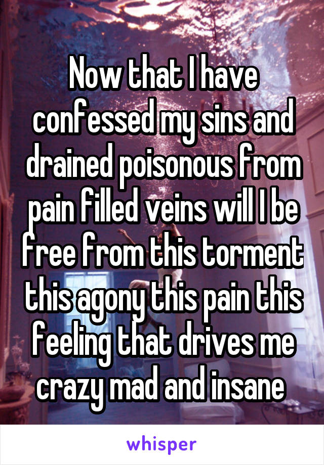 Now that I have confessed my sins and drained poisonous from pain filled veins will I be free from this torment this agony this pain this feeling that drives me crazy mad and insane 